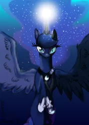 Size: 4816x6746 | Tagged: absurd resolution, alicorn, artist:alicjaspring, :c, crown, derpibooru import, digital art, duality, female, frown, glow, glowing horn, hoof shoes, horn, jewelry, looking at you, magic, mare, nightmare moon, peytral, princess luna, regalia, safe, solo, spread wings, transformation, transforming accessories, wings