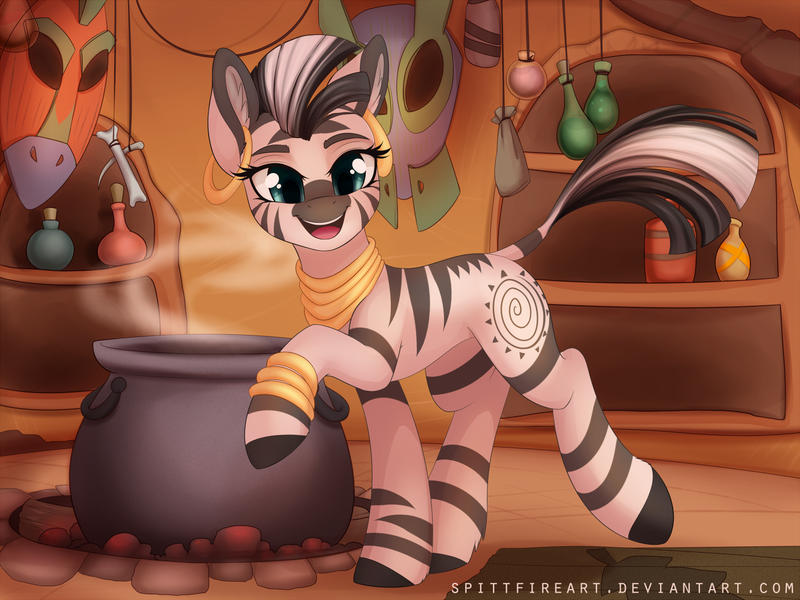 Size: 1400x1050 | Tagged: artist:spittfireart, cauldron, cute, derpibooru import, female, happy, open mouth, safe, smiling, solo, zebra, zecora, zecorable