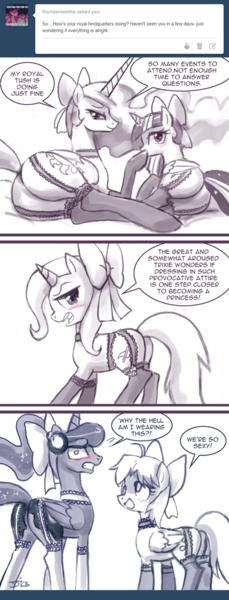 Size: 550x1443 | Tagged: suggestive, artist:johnjoseco, derpibooru import, derpy hooves, princess celestia, princess luna, trixie, twilight sparkle, twilight sparkle (alicorn), alicorn, pony, ask princess molestia, gamer luna, princess molestia, ask, bow, clothes, comic, moonbutt, plot, stockings, sunbutt, tumblr