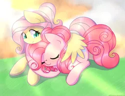 Size: 3300x2550 | Tagged: artist:joyfulinsanity, cuddling, derpibooru import, female, flutterpie, fluttershy, lesbian, pinkie pie, safe, shipping, sleeping, snuggling