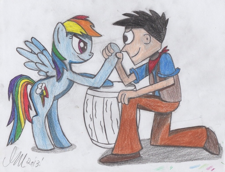 Size: 1022x781 | Tagged: safe, artist:ikemtz16, derpibooru import, rainbow dash, human, cowboy, hoofwrestle, the thoughts that count