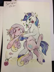 Size: 1280x1707 | Tagged: safe, artist:mi-eau, derpibooru import, princess cadance, shining armor, pony, bipedal, dancing, flower, flower in mouth, japan expo, mouth hold, photo, rose, sparkles, traditional art, unshorn fetlocks, watercolor painting