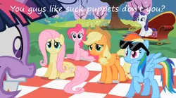 Size: 1021x569 | Tagged: suggestive, derpibooru import, edit, edited screencap, screencap, applejack, fluttershy, pinkie pie, rainbow dash, rarity, twilight sparkle, lesson zero, blanket, couch, frown, insane pony thread, mane six, puppet, sunglasses, tumblr, twilight snapple