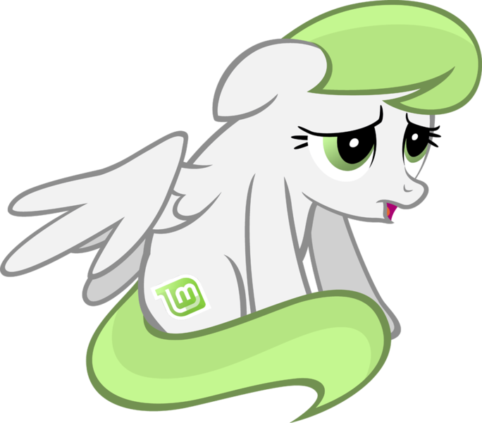 Size: 1000x877 | Tagged: safe, artist:zee66, derpibooru import, oc, ponified, unofficial characters only, pegasus, pony, cute, female, floppy ears, frown, linux, linux mint, mare, open mouth, os pony, recolor, sad, simple background, sitting, solo, spread wings, transparent background, vector