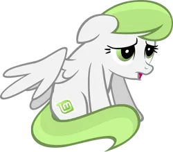 Size: 1000x877 | Tagged: safe, artist:zee66, derpibooru import, oc, ponified, unofficial characters only, pegasus, pony, cute, female, floppy ears, frown, linux, linux mint, mare, open mouth, os pony, recolor, sad, simple background, sitting, solo, spread wings, transparent background, vector