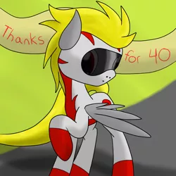 Size: 2600x2600 | Tagged: safe, artist:flashiest lightning, derpibooru import, oc, unofficial characters only, pegasus, pony, ask, banner, clothes, costume, followers, milestone, racer, road, solo, suit, thank you
