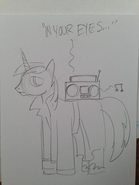 Size: 1024x1365 | Tagged: safe, artist:andypriceart, derpibooru import, shining armor, pony, unicorn, boombox, boombox serenade, clothes, in your eyes, male, movie reference, peter gabriel, say anything, serenade, solo, song reference, stallion, traditional art, trenchcoat, unshorn fetlocks