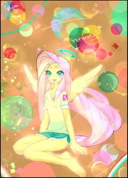 Size: 1024x1418 | Tagged: safe, artist:mujinai, derpibooru import, fluttershy, anthro, ambiguous facial structure, clothes, halo, shorts, solo