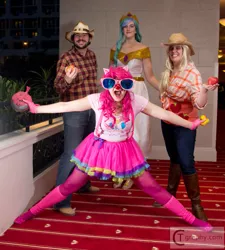 Size: 721x800 | Tagged: applejack, artist needed, artist:nightengale37, big macintosh, clown nose, convention, cosplay, derpibooru import, human, irl, irl human, katsucon, leg warmers, photo, pinkie pie, princess celestia, safe, sunglasses