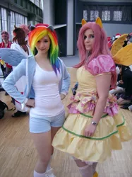 Size: 500x667 | Tagged: artist:aoime, artist:enjinight, convention, cosplay, derpibooru import, ears, fluttershy, human, irl, irl human, photo, rainbow dash, safe, source needed, wings