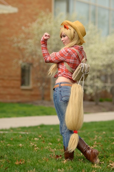 Size: 530x800 | Tagged: applejack, artist:bjonsie13, clothes, cosplay, derpibooru import, human, irl, irl human, jeans, ohayocon, photo, safe, solo, tail