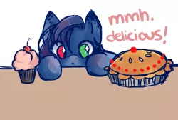 Size: 1280x860 | Tagged: safe, artist:ask-aki-pony, derpibooru import, oc, unofficial characters only, pegasus, pony, aki, food, heterochromia, muffin, pie, solo
