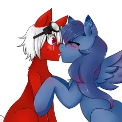 Size: 1280x1282 | Tagged: safe, artist:ask-aki-pony, derpibooru import, oc, unofficial characters only, aki, blushing, goggles, kissing