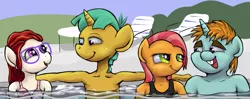 Size: 1025x405 | Tagged: safe, artist:ragingsemi, derpibooru import, babs seed, snails, snips, twist, anthro, earth pony, unicorn, bedroom eyes, bikini, bips, clothes, cropped, female, glasses, male, one-piece swimsuit, open mouth, shipping, smiling, snailstwist, straight, swimming pool, swimsuit, water, wet