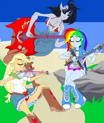 Size: 1036x1215 | Tagged: suggestive, artist:terry, derpibooru import, applejack, rainbow dash, vampire, equestria girls, adventure time, breasts, cleavage, clothes, crossover, female, guitar, marceline, panties, purple underwear, red underwear, skirt, underwear, upskirt, violin, wide hips