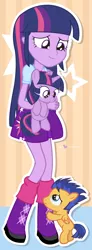 Size: 330x900 | Tagged: safe, artist:dm29, derpibooru import, flash sentry, twilight sparkle, pegasus, pony, unicorn, equestria girls, bipedal, bipedal leaning, boots, clothes, colt, cute, diasentres, filly, filly twilight sparkle, folded wings, frown, holding a pony, hug request, human ponidox, julian yeo is trying to murder us, looking down, looking up, open mouth, petting, sad, skirt, smiling, trio, twolight