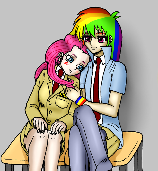 Size: 682x740 | Tagged: safe, artist:asdf314159265, derpibooru import, pinkie pie, rainbow dash, female, humanized, lesbian, pinkiedash, shipping