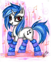 Size: 872x1065 | Tagged: artist:madblackie, clothes, derpibooru import, safe, socks, solo, striped socks, traditional art, vinyl scratch