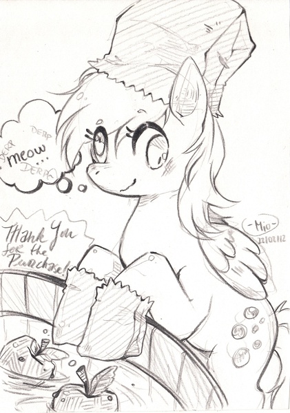 Size: 816x1163 | Tagged: safe, artist:mi-eau, derpibooru import, derpy hooves, pegasus, pony, female, mare, monochrome, nightmare night, paper bag wizard, solo, traditional art