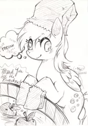 Size: 816x1163 | Tagged: safe, artist:mi-eau, derpibooru import, derpy hooves, pegasus, pony, female, mare, monochrome, nightmare night, paper bag wizard, solo, traditional art