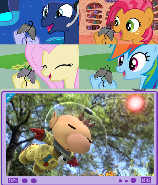 Size: 782x916 | Tagged: babs seed, captain olimar, derpibooru import, exploitable meme, fluttershy, gamer babs, gamerdash, gamer luna, gamer meme, gamershy, meme, nintendo, obligatory pony, olimar, pikmin, princess luna, rainbow dash, safe, super smash bros., tv meme