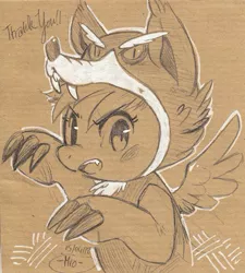 Size: 371x413 | Tagged: safe, artist:mi-eau, derpibooru import, scootaloo, wolf, clothes, costume, monochrome, scootawolf, solo, traditional art, wolf costume