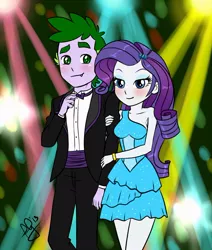 Size: 700x825 | Tagged: safe, artist:pia-sama, derpibooru import, rarity, spike, equestria girls, clothes, dress, equestria girls-ified, fall formal outfits, female, human spike, male, older, older spike, shipping, sparity, straight, suit