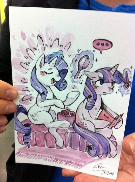 Size: 630x850 | Tagged: ..., artist:mi-eau, book, brush, derpibooru import, grooming, haircut, japan expo, magic, photo, rarity, safe, scissors, sitting, speech bubble, traditional art, twilight sparkle, watercolor painting