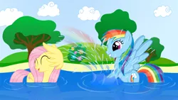 Size: 1920x1080 | Tagged: artist:galekz, derpibooru import, fluttershy, lake, rainbow, rainbow dash, safe, splashing