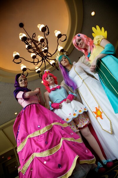 Size: 900x1350 | Tagged: animenext, artist:cepiapon, artist:g0n3morganna, artist:sadwonderland, artist:windaria, clothes, convention, cosplay, derpibooru import, dress, fluttershy, gala dress, human, irl, irl human, photo, pinkie pie, princess celestia, rarity, safe, stairs