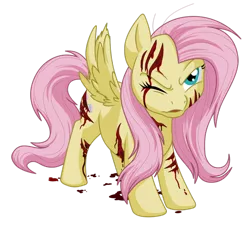 Size: 900x813 | Tagged: artist:megacreomon, blood, derpibooru import, fluttershy, injured, scar, scratches, semi-grimdark, simple background, solo, spread wings, standing, transparent background