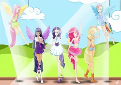 Size: 2480x1748 | Tagged: applejack, artist:sugarcubecake, bandeau, barefoot, belly button, clothes, derpibooru import, dress, eared humanization, feet, fluttershy, horned humanization, humanized, mane six, midriff, pinkie pie, rainbow dash, rarity, safe, skirt, sweater, tailed humanization, twilight sparkle, twilight sparkle (alicorn), winged humanization