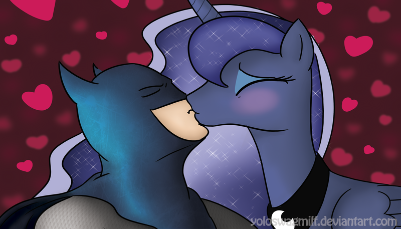 Size: 3500x2000 | Tagged: artist:marble-soda, batman, blushing, crossover, crossover shipping, derpibooru import, eyes closed, heart, human, kissing, princess luna, safe, shipping