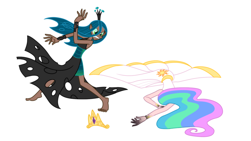 Size: 1920x1080 | Tagged: a canterlot wedding, artist:trinityinyang, defeated, derpibooru import, humanized, princess celestia, queen chrysalis, safe, scene interpretation, simple background, transparent background, vector, worfed