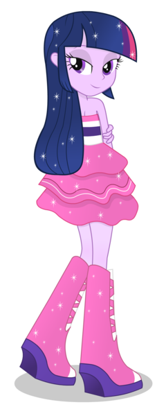 Size: 833x2083 | Tagged: safe, artist:negasun, derpibooru import, twilight sparkle, equestria girls, bedroom eyes, boots, clothes, dress, fall formal outfits, high heel boots, solo, sparkles, twilight ball dress