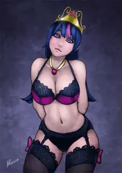 Size: 507x720 | Tagged: artist:rayzor-sharp, belly button, big crown thingy, blushing, bra, breasts, busty twilight sparkle, cleavage, clothes, crown, derpibooru import, female, garters, human, humanized, jewelry, lingerie, looking at you, panties, raised eyebrows, regalia, solo, solo female, stockings, suggestive, twilight sparkle, twilight sparkle (alicorn), underass, underwear