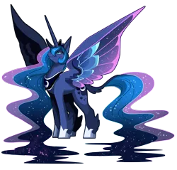 Size: 2635x2521 | Tagged: safe, artist:frogbians, derpibooru import, princess luna, alicorn, pony, colored wings, female, leonine tail, long horn, long mane, long tail, mare, multicolored wings, simple background, solo, spread wings, transparent background, unshorn fetlocks, wings