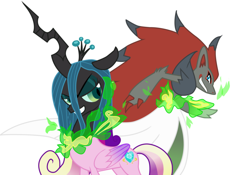 Size: 1412x1064 | Tagged: artist:seaandsunshine, changeling, crossover, derpibooru import, disguise, disguised changeling, duo, fake cadance, gardevoir, magic, pokémon, princess cadance, pringle ear, queen chrysalis, safe, simple background, transformation, transparent background, vector, zoroark