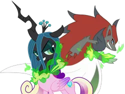 Size: 1412x1064 | Tagged: artist:seaandsunshine, changeling, crossover, derpibooru import, disguise, disguised changeling, duo, fake cadance, gardevoir, magic, pokémon, princess cadance, pringle ear, queen chrysalis, safe, simple background, transformation, transparent background, vector, zoroark