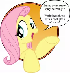 Size: 2000x2063 | Tagged: safe, derpibooru import, edit, idw, fluttershy, pony, bad advice fluttershy, dialogue, exploitable meme, female, hot wings, mare, meme, open mouth, smiling, solo, text, water
