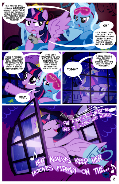 Size: 900x1392 | Tagged: safe, artist:pixelkitties, derpibooru import, trixie, twilight sparkle, twilight sparkle (alicorn), alicorn, pony, comic, female, game of thrones, lesbian, mare, shipping, singing, sleep mask, twixie