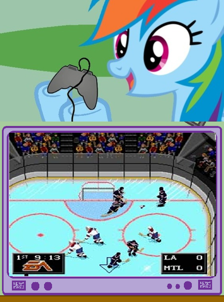 Size: 564x760 | Tagged: safe, derpibooru import, rainbow dash, pegasus, pony, controller, ea sports, exploitable meme, gamer dash, gamerdash, hockey, los angeles kings, meme, montreal canadiens, nhl, nhl 94, obligatory pony, open mouth, smiling, tv meme, underhoof