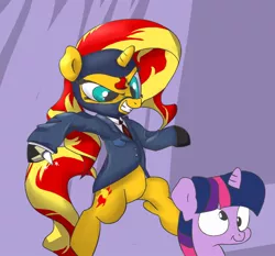 Size: 832x774 | Tagged: safe, artist:dambitail, derpibooru import, sunset shimmer, twilight sparkle, pony, derp, spy, team fortress 2