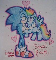 Size: 460x500 | Tagged: artist:mizu-mix, crossover, crossover shipping, derpibooru import, female, heart, interspecies, kissing, love, male, safe, shipping, sonicdash, sonic the hedgehog, sonic the hedgehog (series), straight, traditional art, why