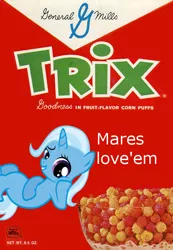 Size: 498x720 | Tagged: safe, derpibooru import, edit, trixie, pony, unicorn, cereal, female, filly, mare, pun, solo, trix, younger