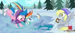 Size: 2163x970 | Tagged: safe, artist:sorcerushorserus, derpibooru import, derpy hooves, firefly, rainbow dash, pegasus, pony, comic:dash academy, female, g1, g1 to g4, generation leap, ice, ice skating, mare, saw, sitting, winter