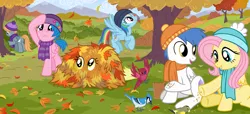 Size: 1326x603 | Tagged: safe, artist:sorcerushorserus, derpibooru import, baby ribbs, brolly, derpy hooves, firefly, fluttershy, rainbow dash, whitewash, oc, bird, pony, argie ribbs, autumn, brollyshy, clothes, female, g1, g1 to g4, generation leap, hat, male, mare, scarf, sitting, stallion