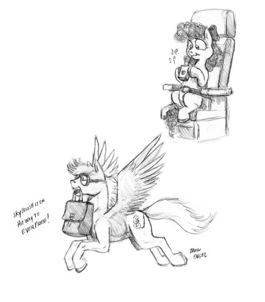 Size: 1100x1252 | Tagged: safe, artist:baron engel, derpibooru import, oc, oc:sky brush, unofficial characters only, pegasus, pony, :t, bag, cute, everfree northwest, flying, grayscale, hoof hold, juice box, monochrome, mouth hold, pencil drawing, plane, sitting, sketch, smiling, spread wings, suitcase, traditional art