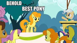 Size: 960x540 | Tagged: behold, best pony, caramel, carrot top, derpibooru import, edit, edited screencap, forced meme, glasses, golden harvest, lemon hearts, mayor mare, meme, parasol, safe, screencap, the last roundup