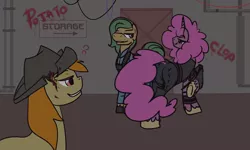 Size: 4134x2485 | Tagged: suggestive, artist:inlucidreverie, derpibooru import, oc, oc:beamshot, oc:paintblood, unofficial characters only, earth pony, pony, unicorn, fallout equestria, blood, clothes, hat, male, trap